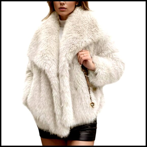 Faux Fur Coat Lapel Open Front Fluffy Shaggy Jacket Winter Warm Furry Overcoat